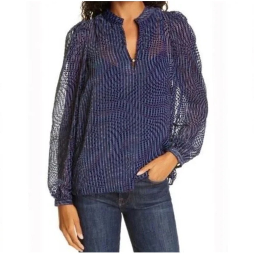 Tanya Taylor Purple Blue Devore Burnout Silk Blend Pearl Button Blouse Size 6